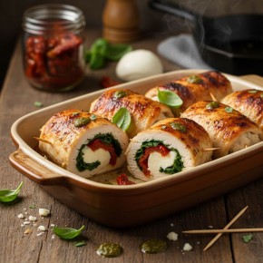 Куриные рулетики с моцареллой, вялеными томатами и шпинатом